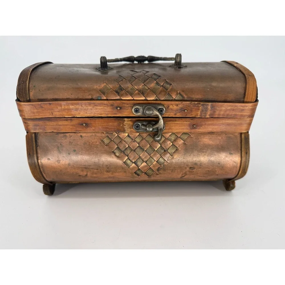Vintage Copper Dome Lid Trinket Box Wood Band Rustic Jewelry Chest Footed Basket